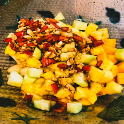 If you are bored with ordinary fruit salad, here we are bringing a recipe for fruit salad with a twisted combination of sweet and peppery tastes. It has apple, pineapple, pears, and mango with hot pepper and chili to give a tangent taste. You will love to have it with your breakfast or lunch.