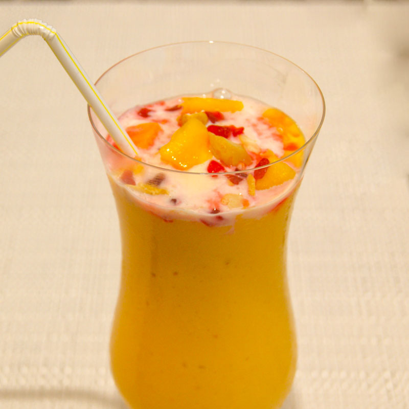 Mango Mastani is a very refreshing summer drink. It has the flavor of mango and vanilla ice cream with the aroma of strawberry.